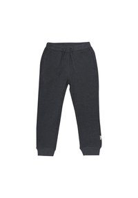 Dunkelgraue Sweatpants verfügen über einen Kordelzugbund, gerippte Bündchen und einen kleinen Logoakzent in der Nähe des Saums, gefertigt aus weichem, strukturiertem Stoff.
