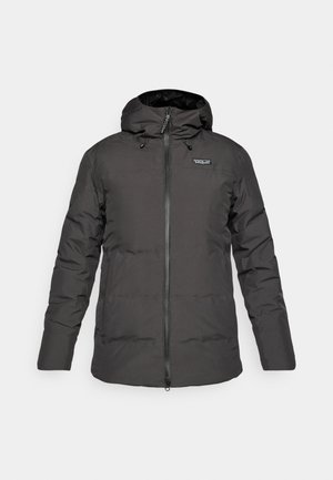 Black insulated hooded winter jacket with front zipper and Patagonia logo on the left chest area.