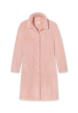 Rosa fuskpälsjacka med krage, långa ärmar och sju knapplås fram. Mjuk textur och midjelång design.