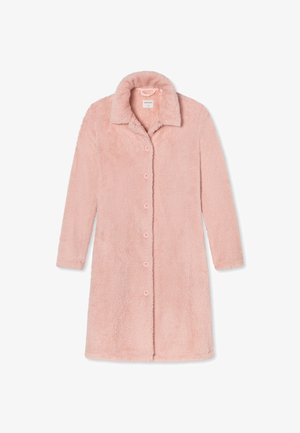 Rosa fuskpälsjacka med krage, långa ärmar och sju knapplås fram. Mjuk textur och midjelång design.