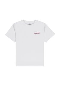 Witte T-shirt met korte mouwen en een klein maroon 'ELEMENT' logo gedrukt op de linkerkant van de borst.