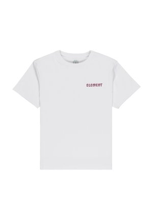T-shirt blanc à manches courtes avec un petit logo "ELEMENT" couleur bordeaux imprimé sur la partie gauche de la poitrine.