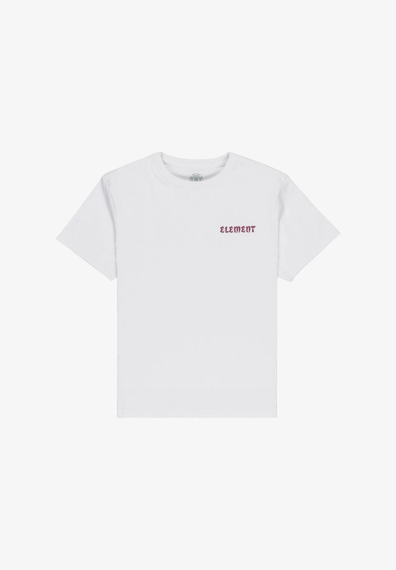 Biała koszulka z krótkim rękawem z małym bordowym logo "ELEMENT" nadrukowanym na lewej piersi.