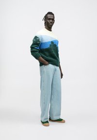 Adīts džemperis zaļā, zilā un krēmkrāsā ar koku rakstiem. Valkāts kopā ar gaiši zilām plašām džinsa biksēm un zaļiem sporta apaviem.