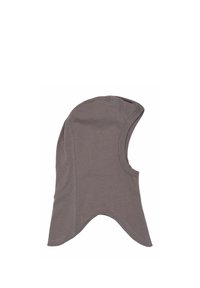 Cagoule marron extensible en tissu doux, conçue pour couvrir la tête, le cou et les épaules avec des coutures visibles.