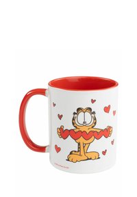 Mug in ceramica con un manico e interno rosso vivo. Presenta un gatto in stile cartone animato che tiene cuori rossi su uno sfondo bianco.