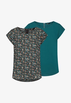 Top a maniche corte con un motivo floreale in teal, marrone e crema su un lato; colore teal uniforme sul retro; tessuto leggero.