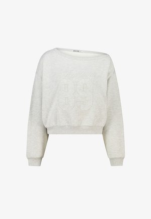 Light grey cropped sweatshirt with long sleeves, ribbed cuffs, and embossed "New York 89" text on front.