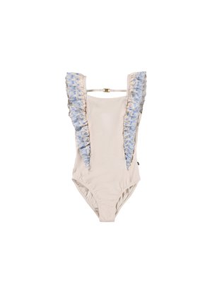 Μπεζ ολόσωμο μαγιό με μπλε κεντημένες ρίγες λουλουδιών κατά μήκος των τιραντών και μπροστά, με κλείσιμο στο πίσω μέρος.