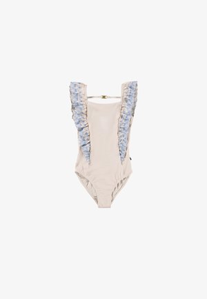Beige one-piece swimsuit with blue floral embroidered ruffles along the straps and front, featuring a back clasp closure.