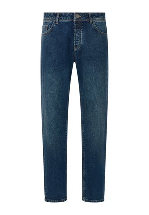 Blå denim jeans med lige ben, kontraststing, metalknaplukning og femlomme-stil. Stenvasket struktur.