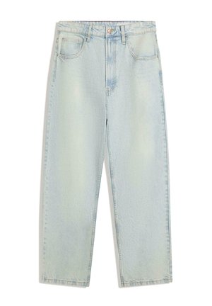 Light blue denim jeans with a loose fit, featuring five pockets, a button closure, and straight legs. The fabric has a slightly textured finish.