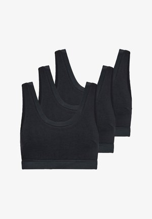 Sorte bomuldsbraletter i en pakke med tre, med brede stropper, scoop hals og en strækbar kant. Glat tekstur uden polstring.