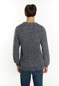Dunkelblauer Strickpullover mit strukturiertem, gesprenkeltem Muster und Rundhalsausschnitt. Mit langen Ärmeln und lässiger Passform. Getragen mit blauen Jeans.