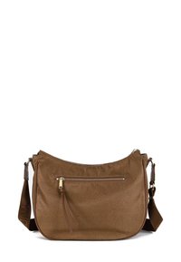 Borsa a spalla sintetica marrone con un motivo tessutato, una tasca frontale con zip e una tracolla rimovibile. Presenta finiture in metallo dorato.