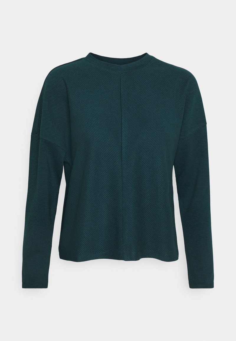 Dunkelgrünes Langarmoberteil mit strukturiertem, geripptem Muster, das einen Rundhalsausschnitt und heruntergezogene Schultern aufweist. Entspannter Schnitt.