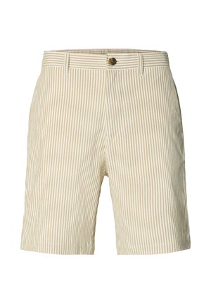 Bézs és fehér csíkos rövidnadrág gombos záródással, derékpánttal és egyenes szabással. Texturált anyag finom függőleges mintázattal.