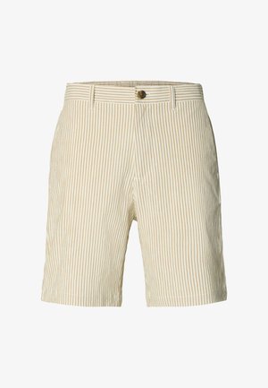Bézs és fehér csíkos rövidnadrág gombos záródással, derékpánttal és egyenes szabással. Texturált anyag finom függőleges mintázattal.