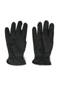 Svarta handskar gjorda av ett smidigt, elastiskt material med en läderhandflata. Har elastisk handled och kontrasterande texturer. Design med stängda fingrar.