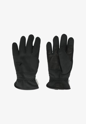 Sorte handsker lavet af et glat, strækbart materiale med læderhåndflade. Har elastisk håndled og kontrasterende teksturer. Design med lukkede fingre.