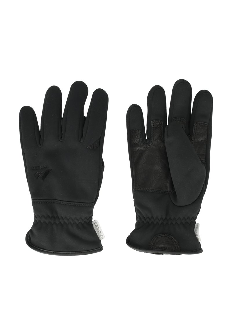 Svarta handskar gjorda av ett smidigt, elastiskt material med en läderhandflata. Har elastisk handled och kontrasterande texturer. Design med stängda fingrar.