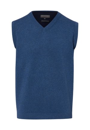 Blauw gebreid mouwloos trui-vestje met V-hals en geribbelde randen.