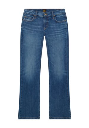 Jeans bootcut in denim blu con bottone frontale, cerniera, passanti per cintura e dettagli slavati su cosce e ginocchia.
