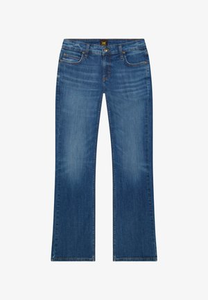 Jeans bootcut in denim blu con bottone frontale, cerniera, passanti per cintura e dettagli slavati su cosce e ginocchia.