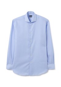 Lichtblauw geruit overhemd met lange mouwen en knoopsluiting, voorzien van een spread collar, witte knopen en een licht gebogen zoom. Glad stofoppervlak.