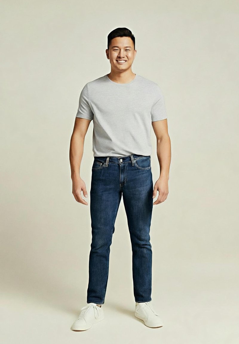 Lächelnder Mann, der ein hellgraues T-Shirt, dunkelblaue Jeans und weiße Sneakers auf einem einfarbigen hellen Hintergrund trägt.