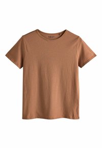 Kortærmet t-shirt med rund hals i en sandbrun farve, lavet af blød bomuld, med en glat overflade og uden synlige mønstre eller detaljer.