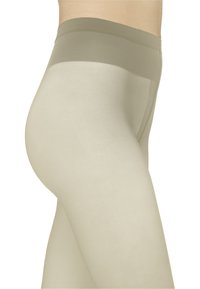 Beige strømpebukser med en glat tekstur, der har en bred, blød talje. De har et gennemsigtigt udseende og en tætsiddende pasform langs benet.