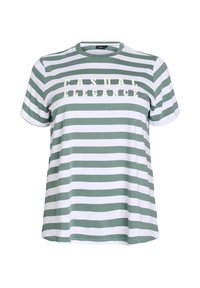 T-shirt rayé en mélange de coton vert et blanc avec des manches courtes. Texte affiché "ÉLÉGANCE DÉcontractée" en jaune clair sur la poitrine.