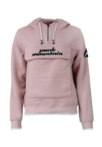 Ljusrosa hoodie i mjukt tyg, med dragkedja i halsen, framficka och svart broderad text "peak mountain" på bröstet.
