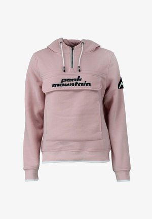 Lys pink hoodie lavet af blødt stof, med lynlås hals, en frontlomme og sort broderet "peak mountain" tekst på brystet.