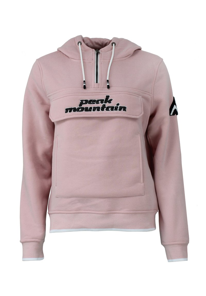 Ljusrosa hoodie i mjukt tyg, med dragkedja i halsen, framficka och svart broderad text "peak mountain" på bröstet.