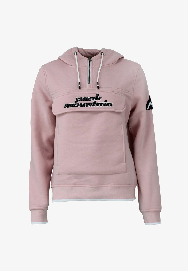 Ljusrosa hoodie i mjukt tyg, med dragkedja i halsen, framficka och svart broderad text "peak mountain" på bröstet.