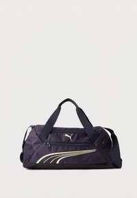 Σκούρο μπλε σακ βουαγιάζ Puma με διπλές λαβές, μπροστινή τσέπη με φερμουάρ, δίχτυ στην πλαϊνή τσέπη, ρυθμιζόμενο ιμάντα ώμου και φωτεινό κίτρινο λογότυπο και ρίγες.