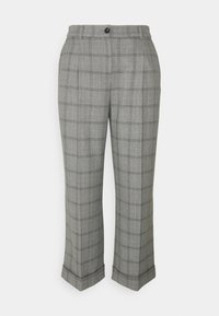 Szare, kratkowane spodnie o kroju dopasowanym z wysokim stanem, z zapięciem na guziki, plisami i mankietami.