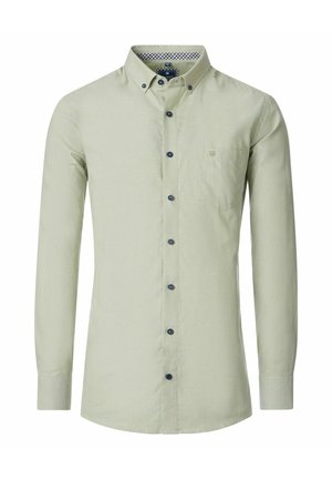 Light green long-sleeve shirt with a button-down collar, navy buttons, and a chest pocket. Inner collar features a checkered pattern.