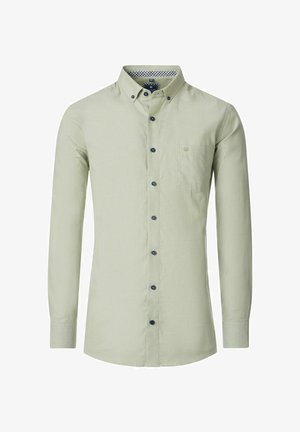 Lichtgroen overhemd met lange mouwen en een button-down kraag, marineblauwe knopen en een borstzak. De binnenkant van de kraag heeft een geruit patroon.