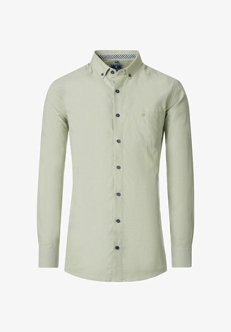 Lichtgroen overhemd met lange mouwen en een button-down kraag, marineblauwe knopen en een borstzak. De binnenkant van de kraag heeft een geruit patroon.