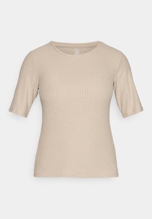 Beige ribbed short-sleeve top with a round neckline and fitted design, made from soft, stretchy fabric.