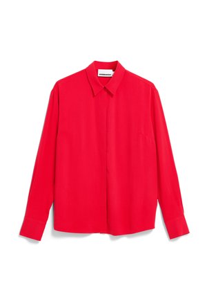 Rood overhemd met lange mouwen, knoopsluiting, kraag, een gladde textuur en een enkel zakje op de linkerkant.