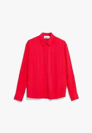 Rood overhemd met lange mouwen, knoopsluiting, kraag, een gladde textuur en een enkel zakje op de linkerkant.