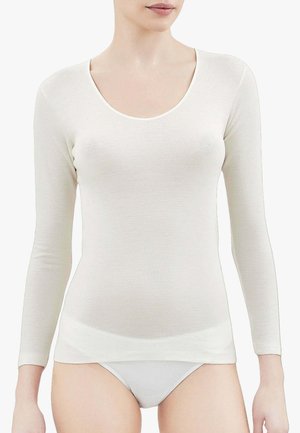 Top bianco a maniche lunghe con scollo a giro, realizzato in tessuto liscio, caratterizzato da un design aderente e una costruzione senza cuciture.