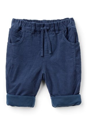 Pantaloni corti in velluto a coste blu navy con vita elasticizzata, tasche frontali e risvolti. La texture è a coste e morbida. Coulisse per la regolazione.