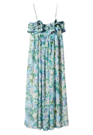 Stropfri maxi-kjole med blomsterprint, flæsekant ved halsudskærningen i nuancer af blå, grøn og hvid, med tynde skulderstropper og en flydende nederdel.