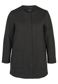 Czarny płaszcz z długim rękawem wykonany z teksturowanej tkaniny prążkowanej, z okrągłym dekoltem i dwoma przednimi kieszeniami. Prosty, czysty krój.