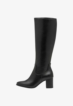 Bottes noires montantes en cuir lisse. Elles présentent un bout effilé, un talon bloc et des panneaux élastiques sur les côtés pour un enfilage facile.